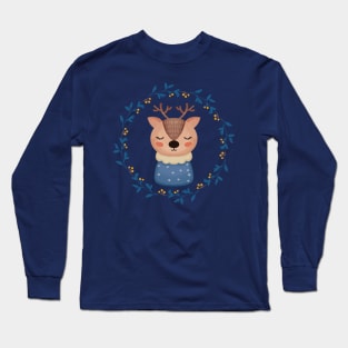 Cute Reindeer Christmas Wreath Long Sleeve T-Shirt